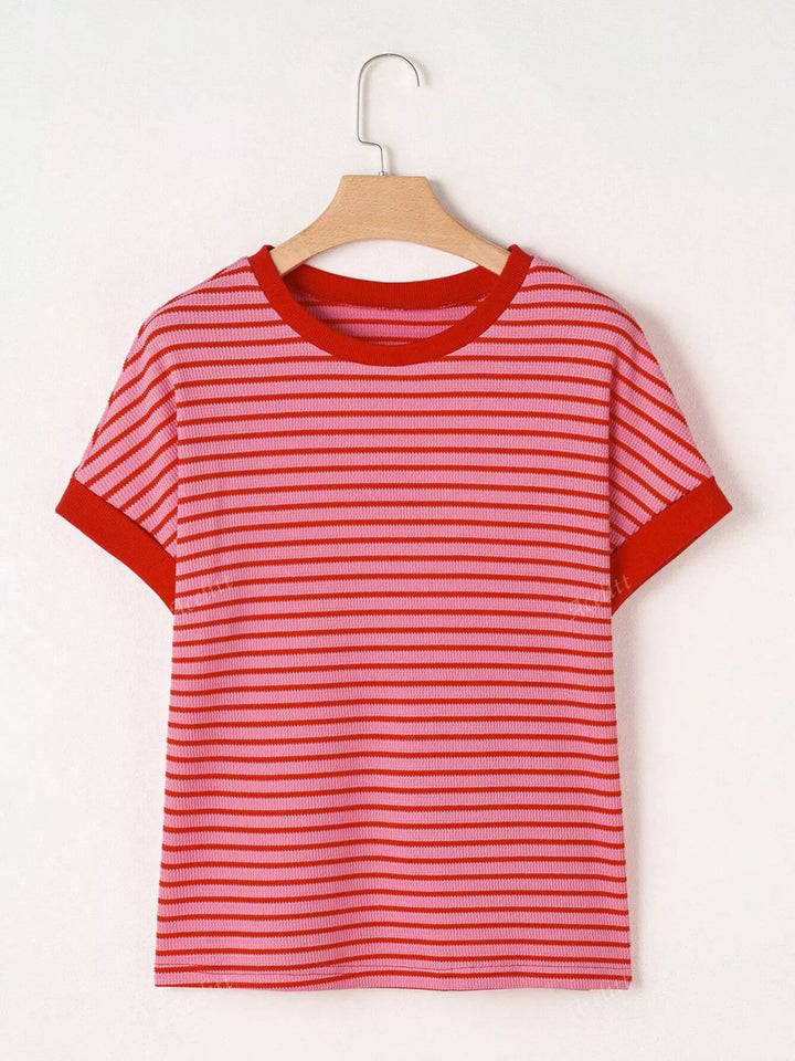 Striped short sleeve knit tee with contrast trim