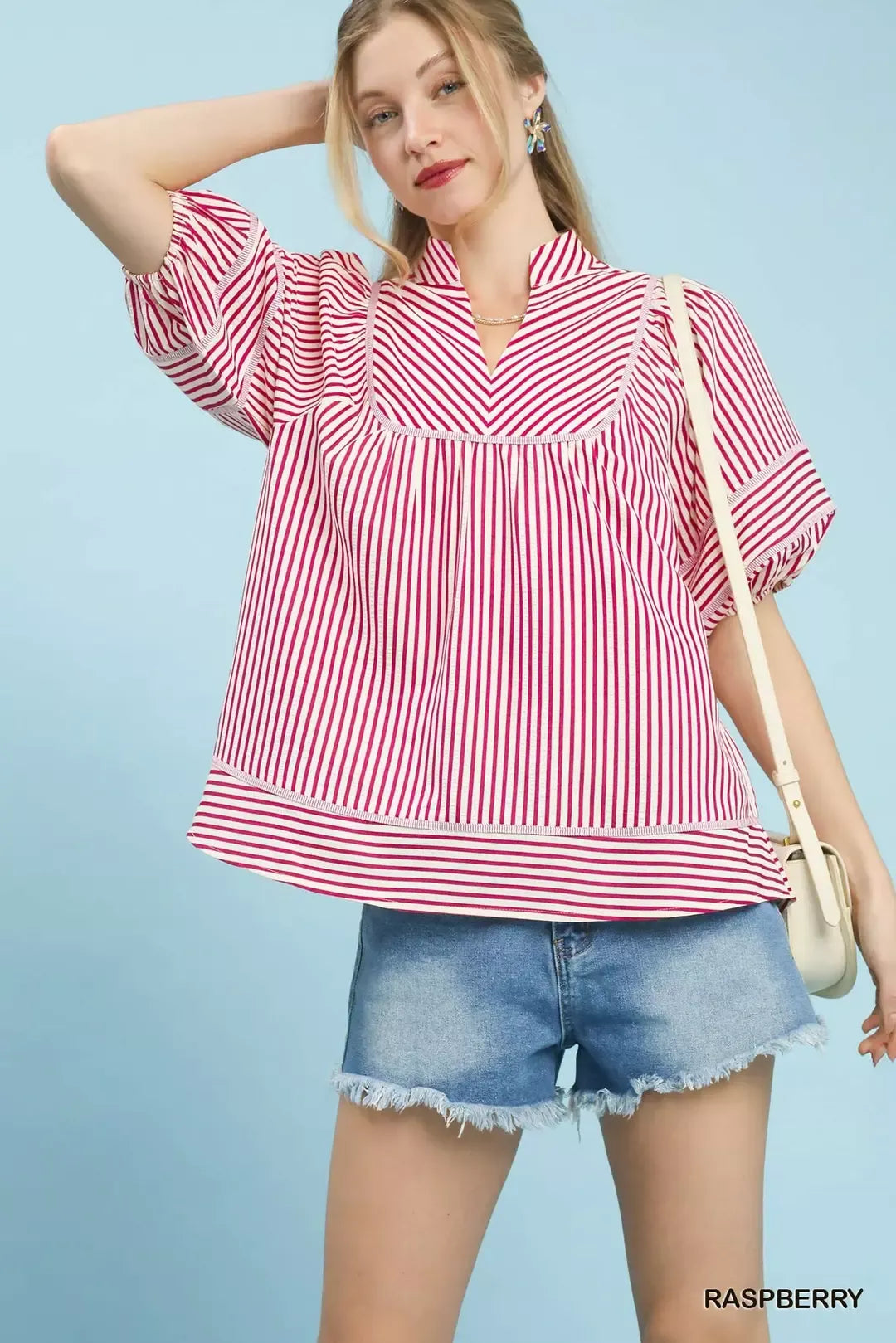 RASPBERRY Striped puff sleeve babydoll top with notch collar