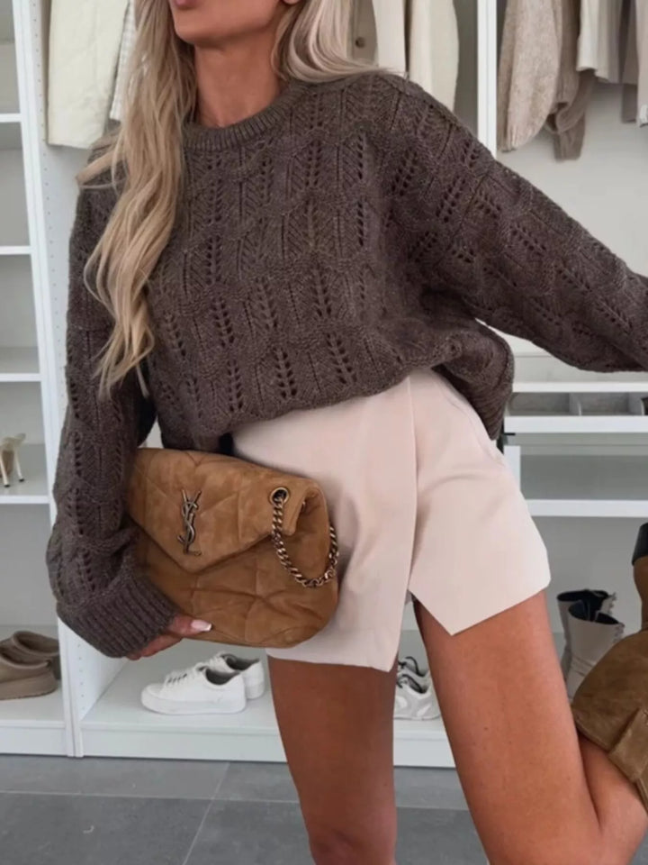 Openwork pointelle knit round neck sweater