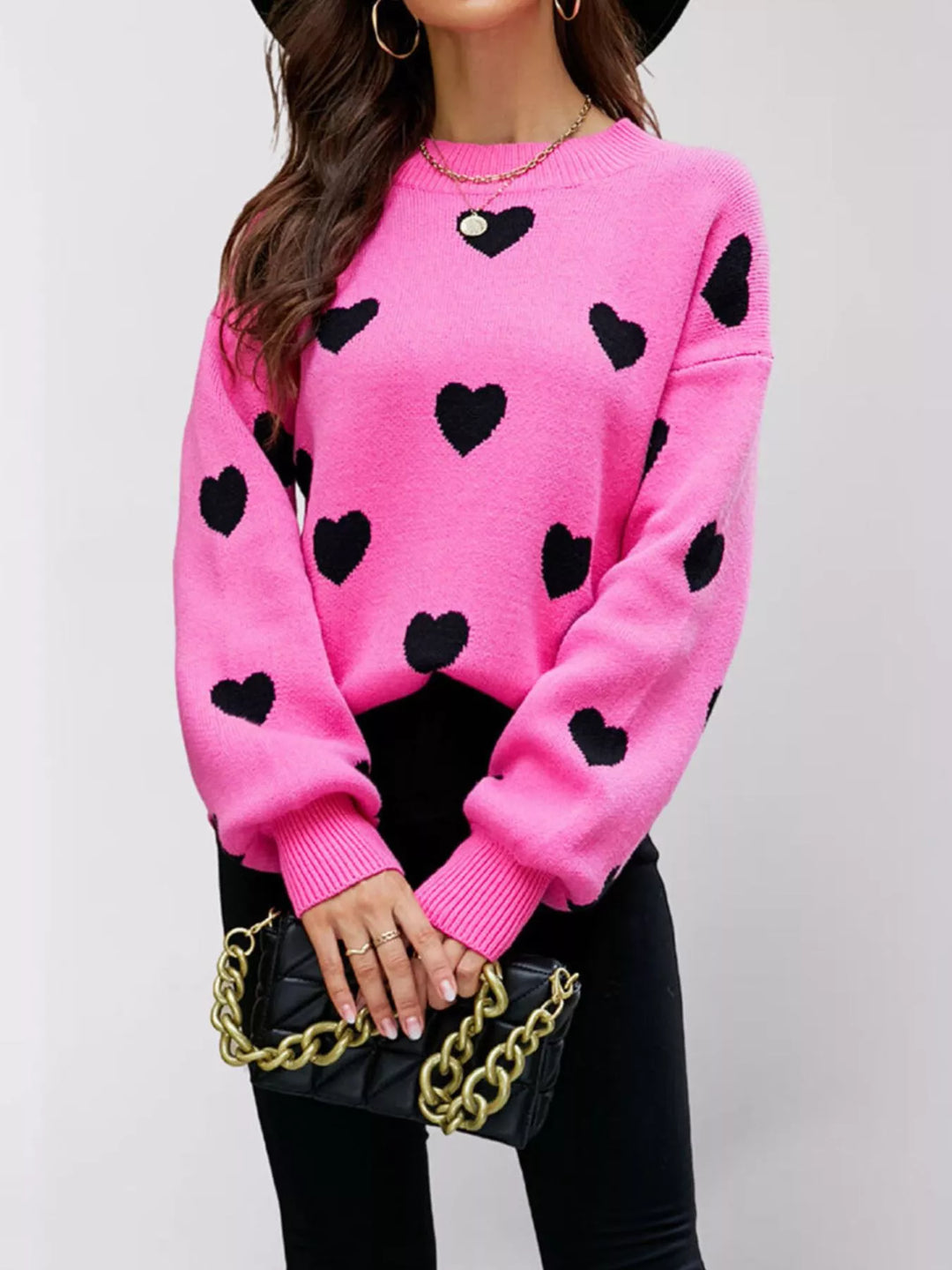 Heart print drop shoulder crew neck knit sweater
