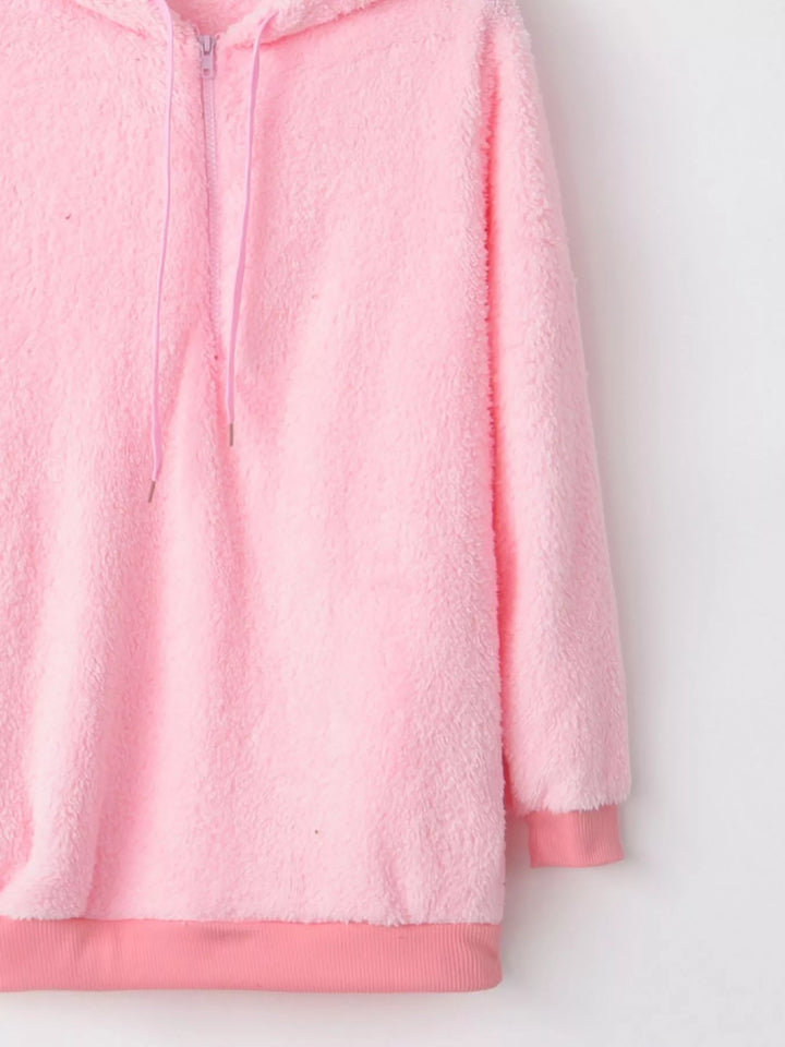 Plush half-zip fleece hoodie with drawstring hood and pockets