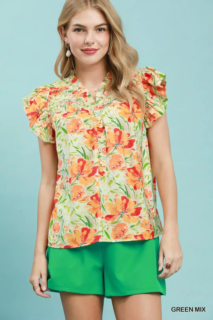 GREEN MIX Smocked yoke flutter sleeve floral blouse with split V-neck