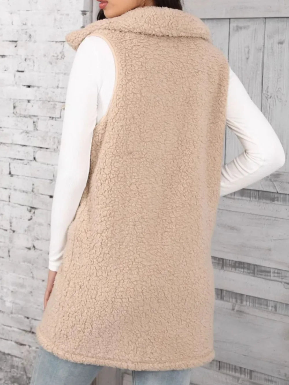 Longline teddy fleece button-front vest with collar