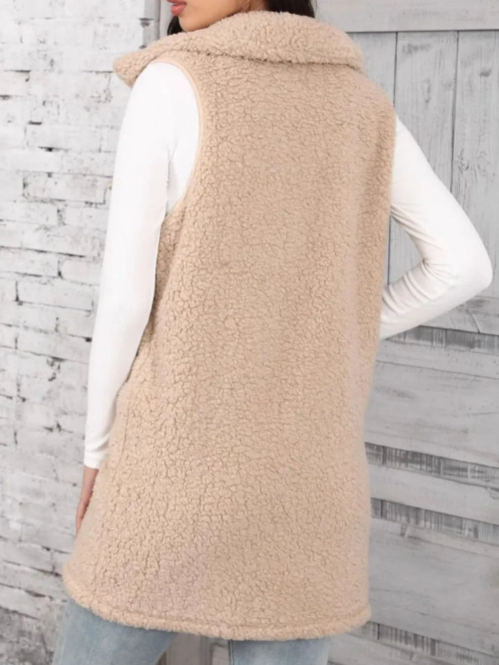 Longline teddy fleece button-front vest with collar