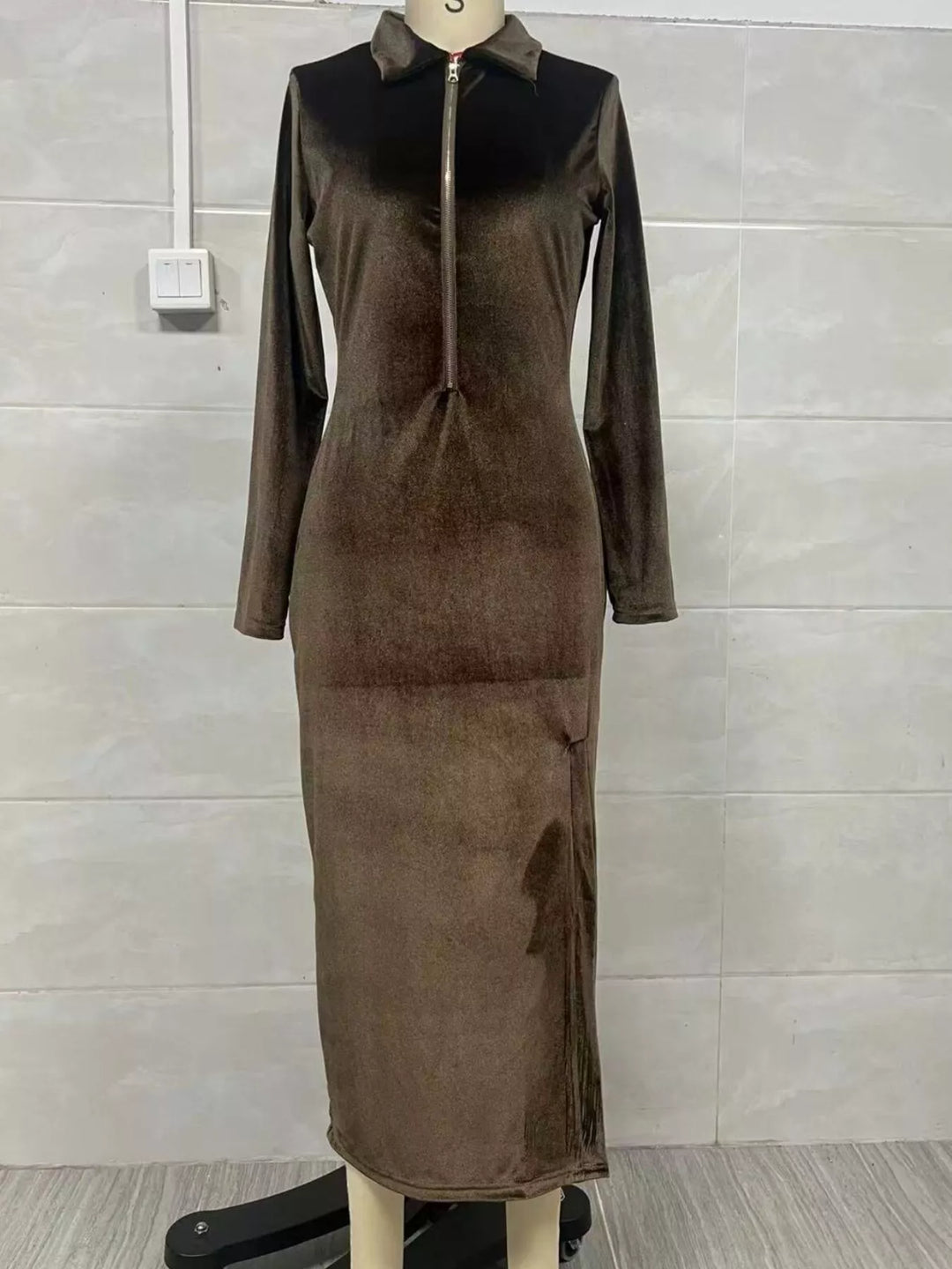 Velvet collared zip-front maxi dress with front slit