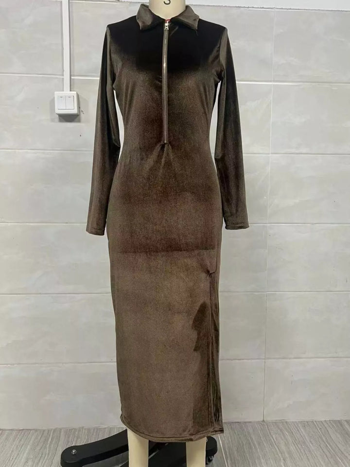 Velvet collared zip-front maxi dress with front slit