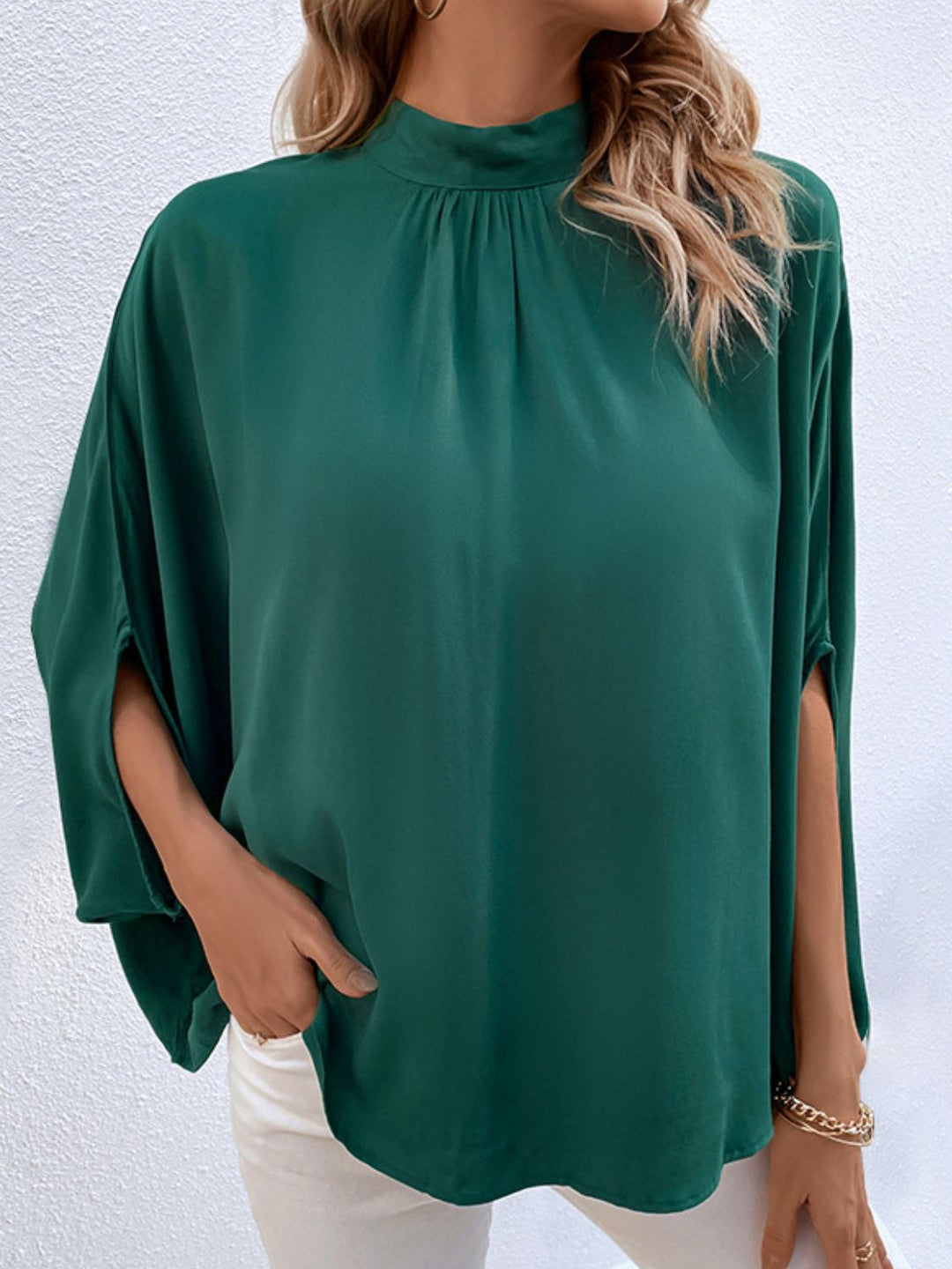 Tie-back mock neck blouse with split sleeves