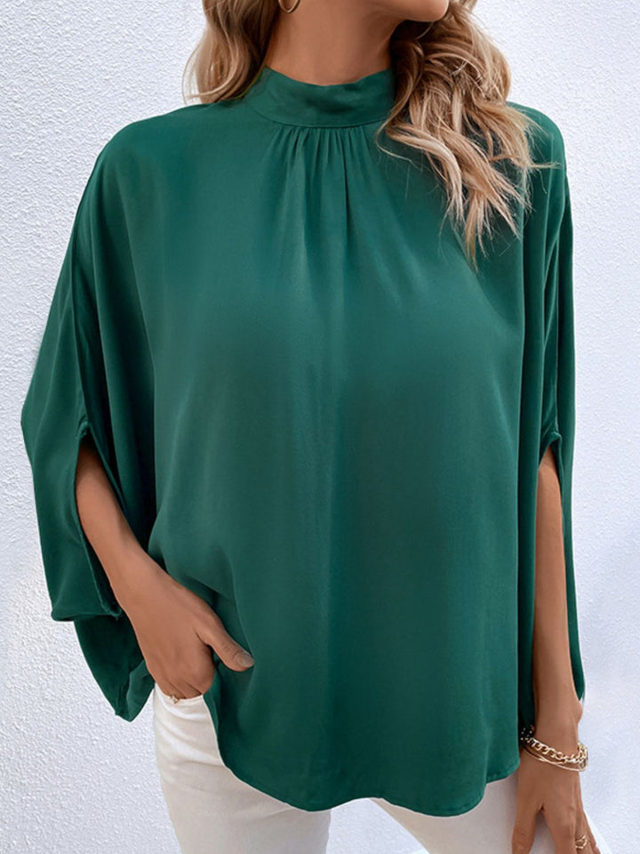Tie-back mock neck blouse with split sleeves
