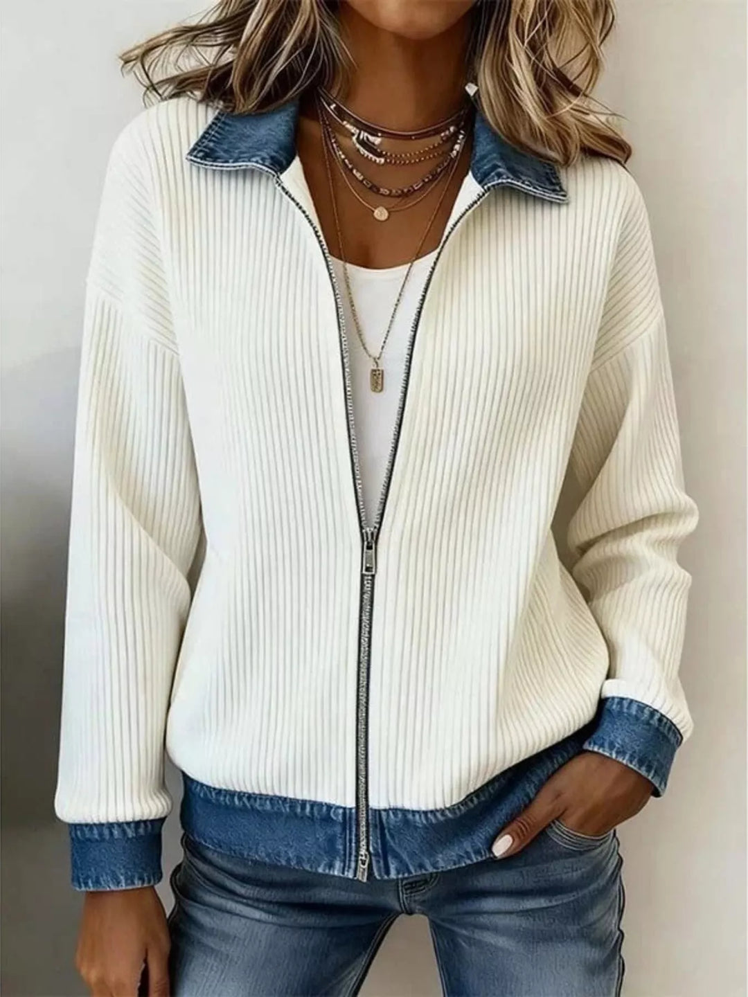 Ribbed knit zip-up jacket with denim collar and cuffs