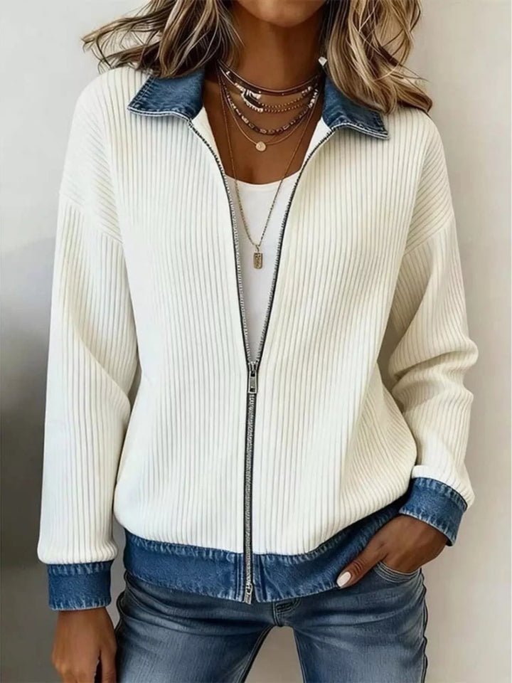 Ribbed knit zip-up jacket with denim collar and cuffs
