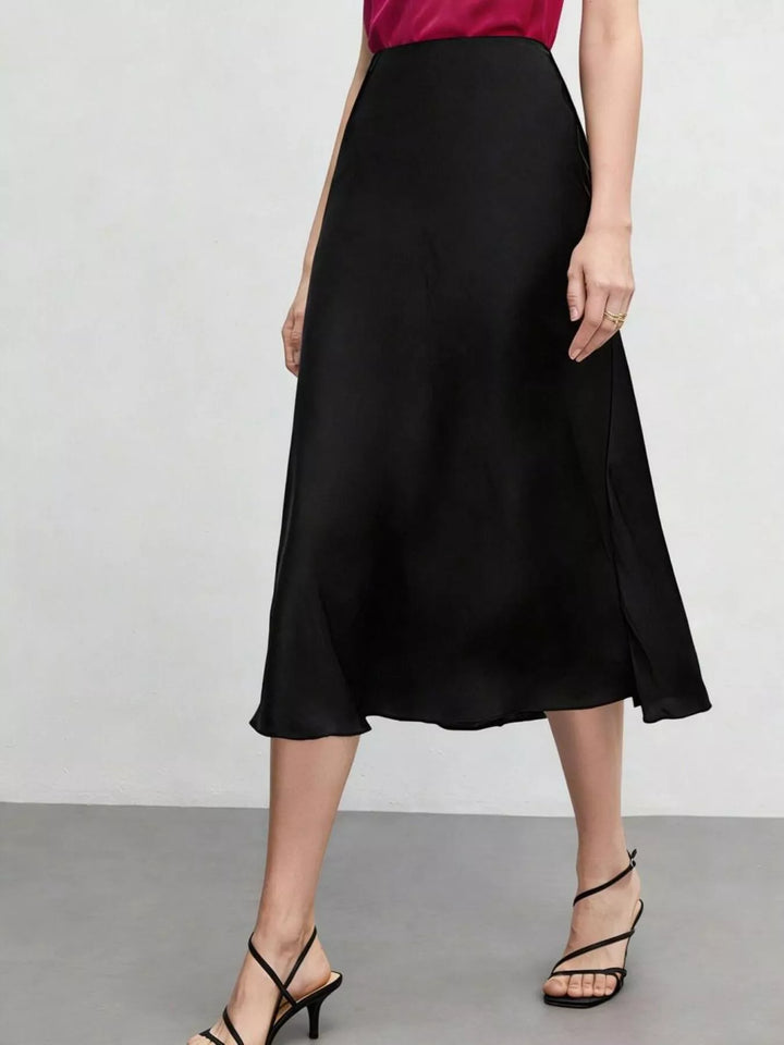Black High-waist satin-finish midi skirt with side slit