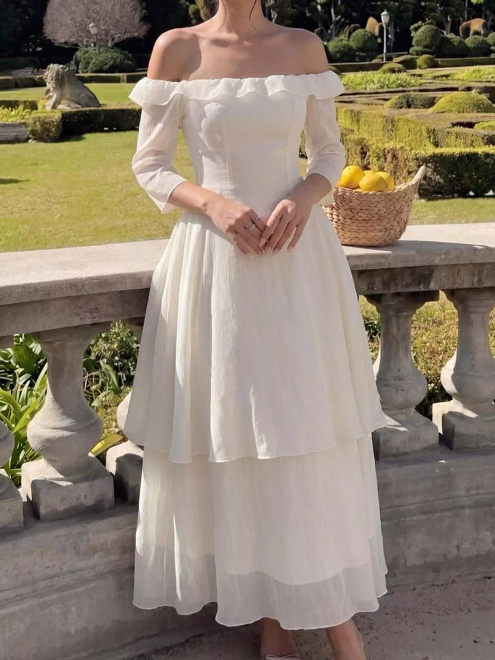 Cream Off-shoulder tiered ruffle midi dress with three-quarter sleeves