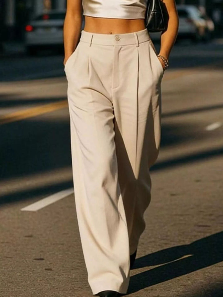 Tan Pleated high-rise wide-leg trousers with side pockets