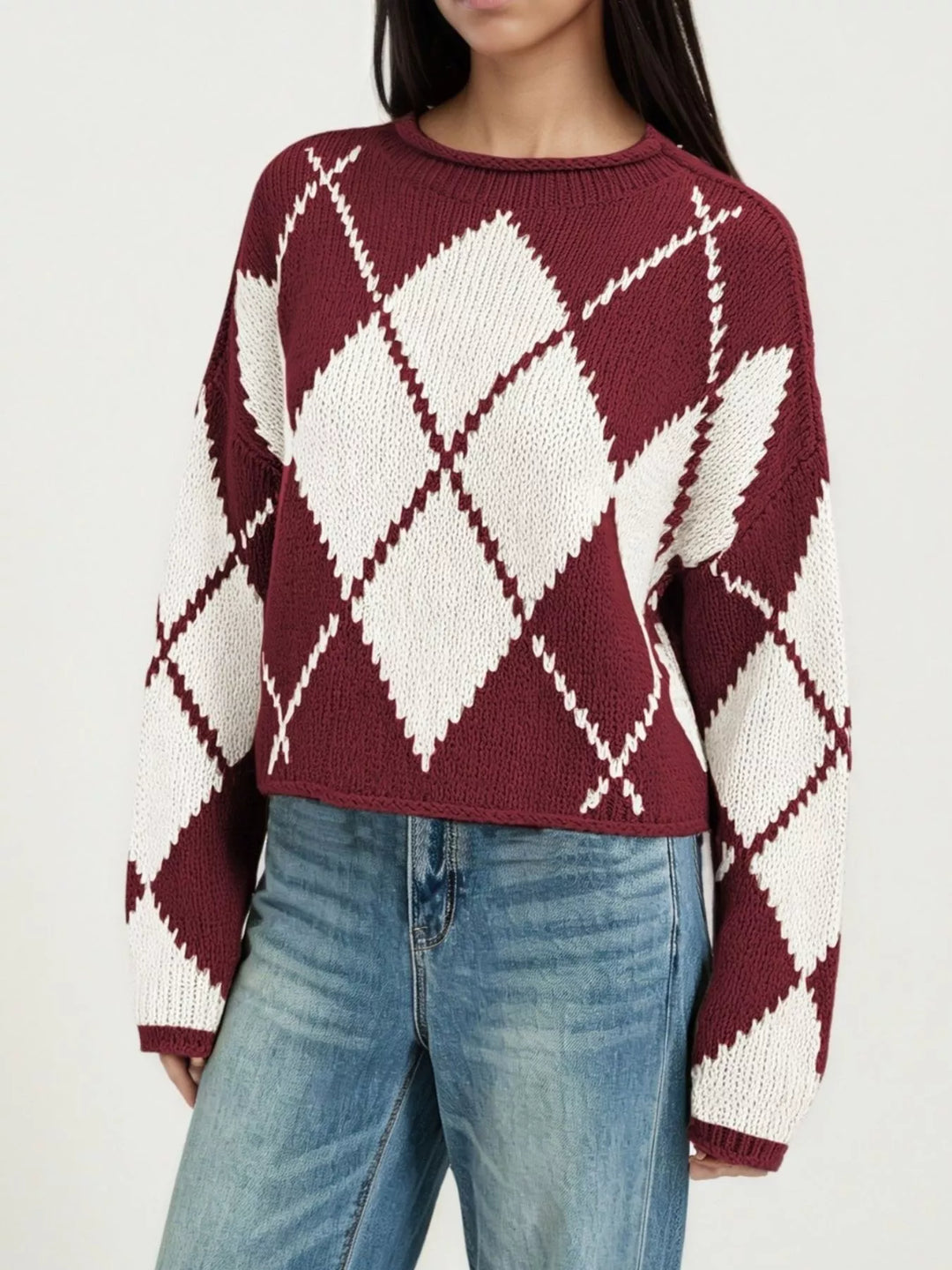 Red Argyle knit dropped shoulder sweater with ribbed trim