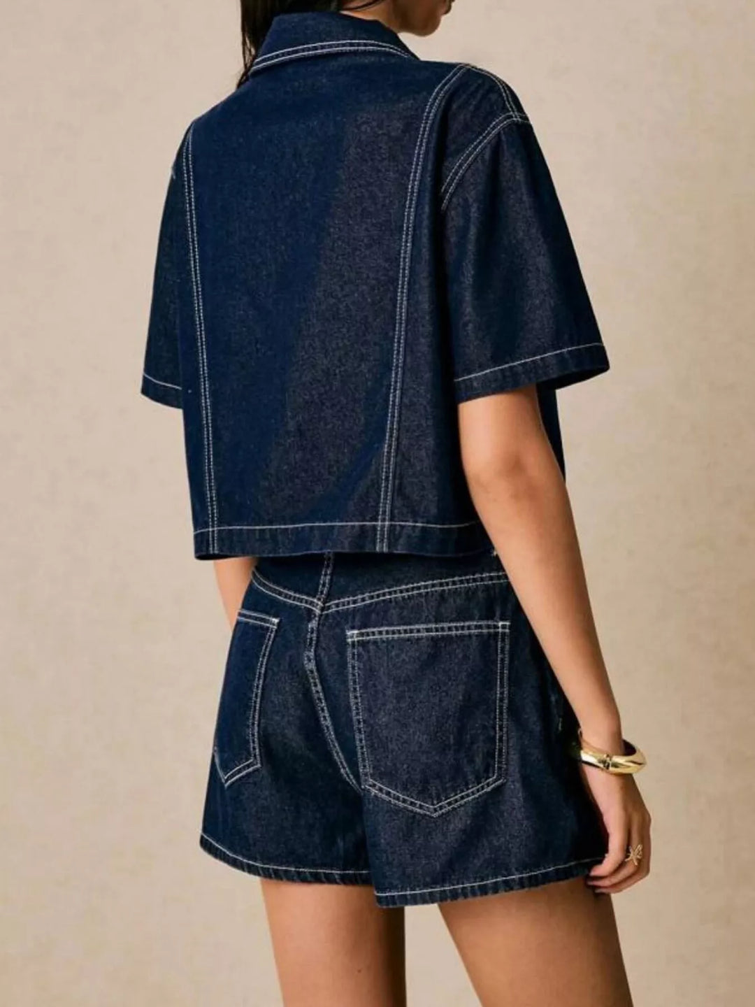 Contrast-stitch denim button-up crop shirt and skort set