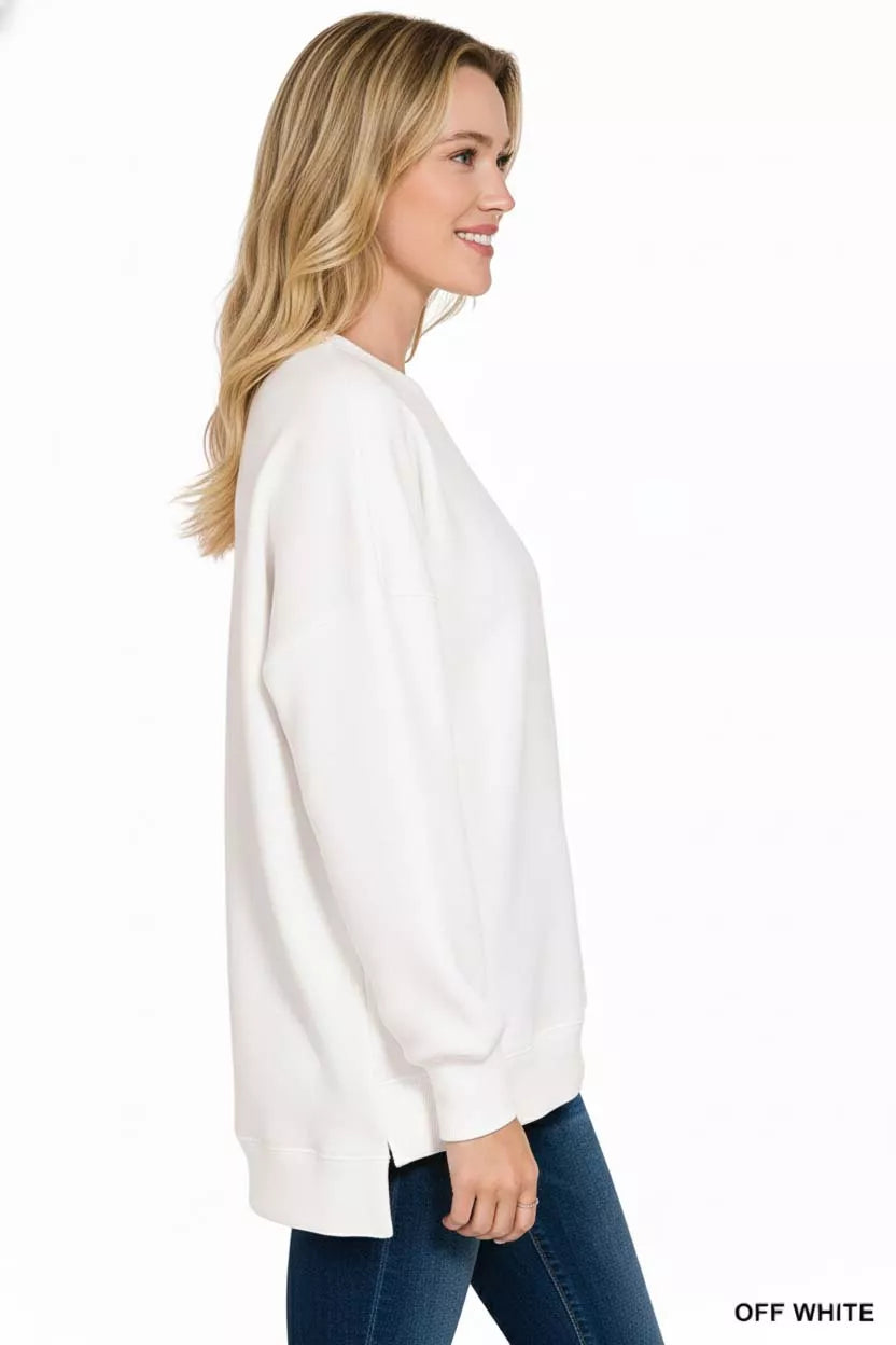 Hi-low fleece boyfriend sweatshirt with side pockets
