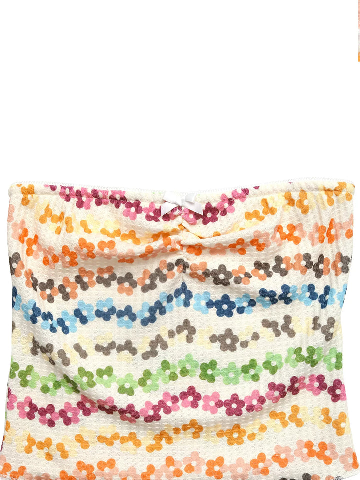 Floral ruched waffle-knit strapless tube top with bow