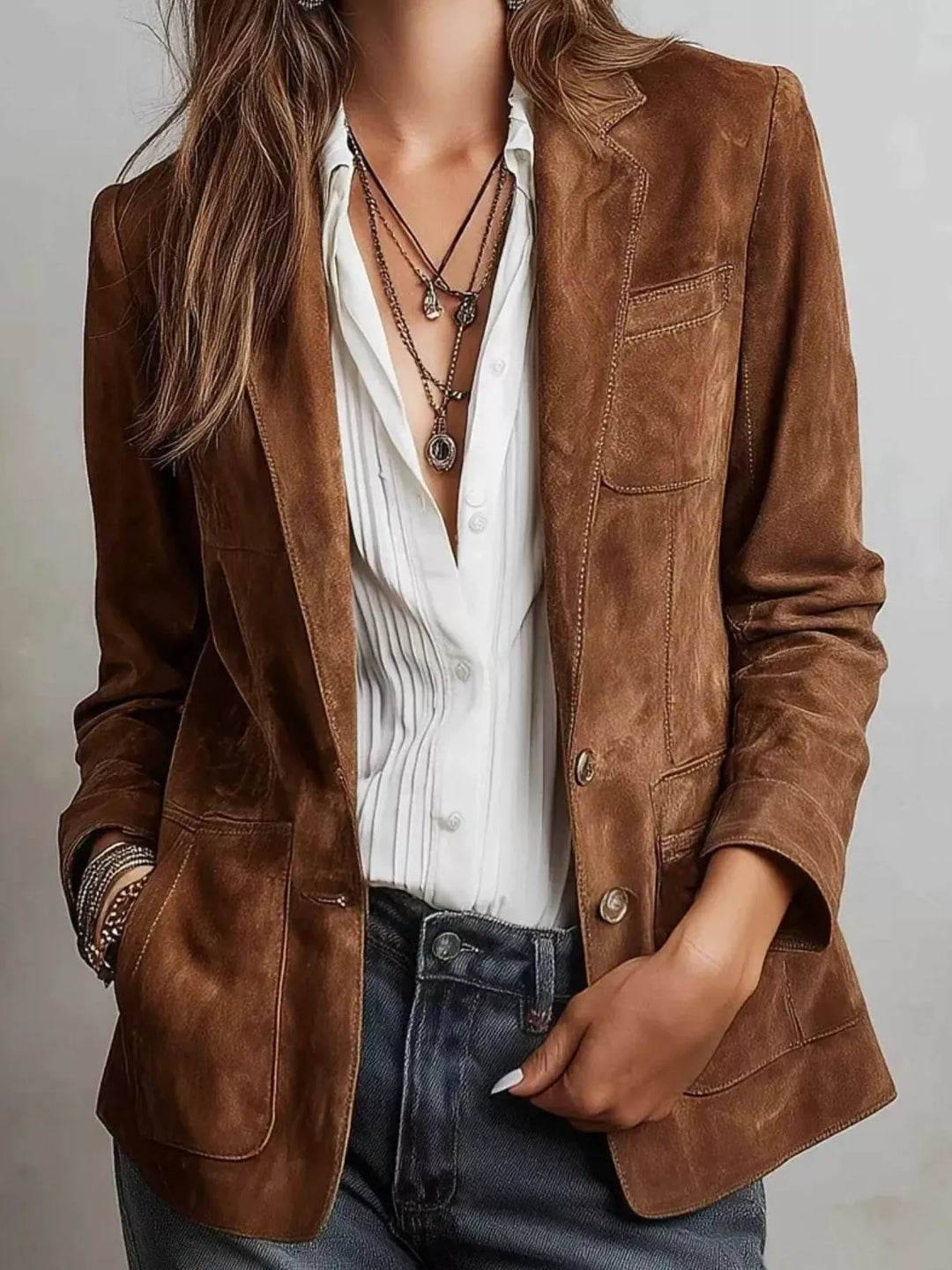 Brown Faux suede notch lapel blazer with patch pockets