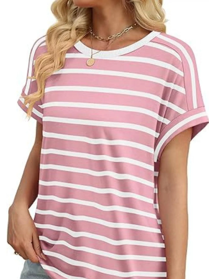 Multicolor striped crew neck short sleeve t-shirt