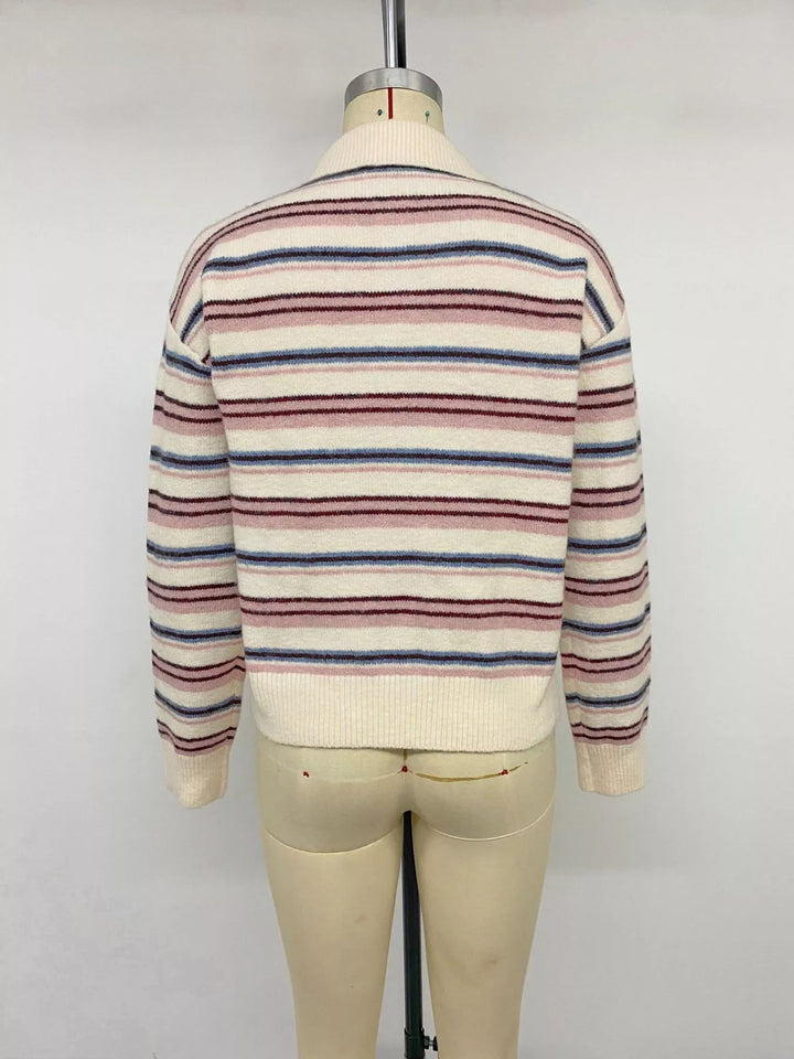 Striped knit polo collar sweater with ribbed trim