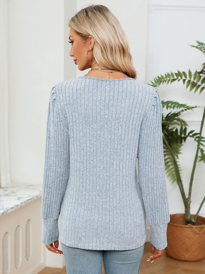 Lace-trim V-neck ribbed knit long sleeve blouse