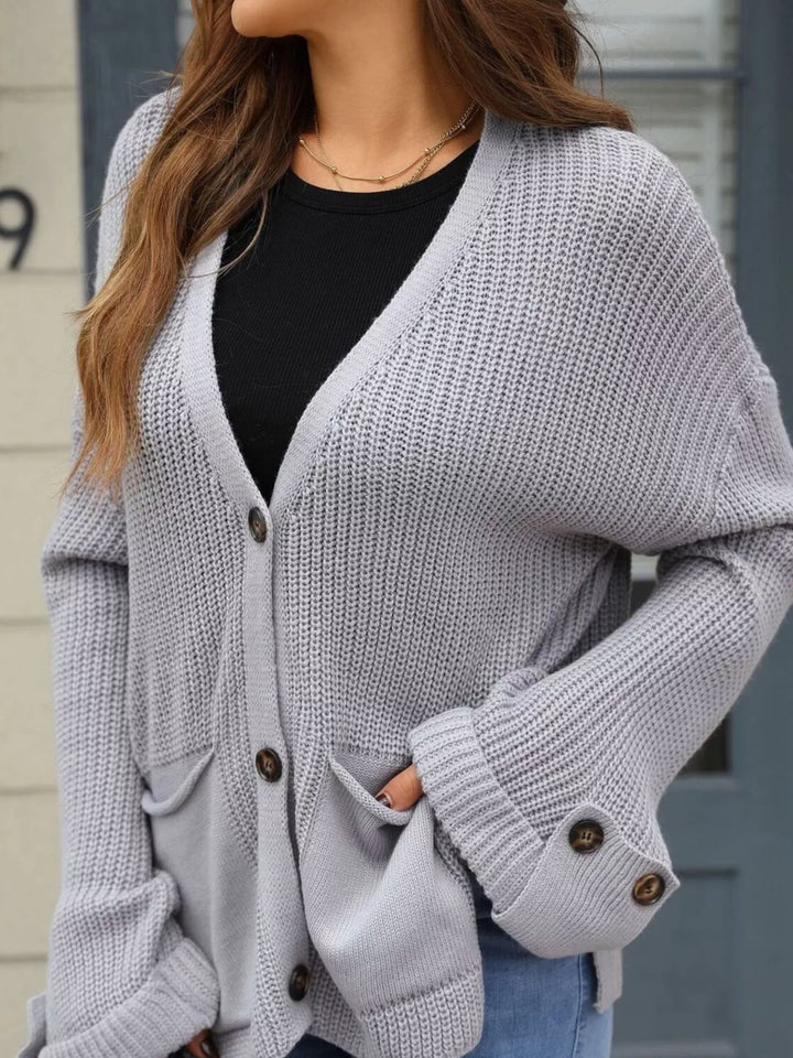 Oversized ribbed knit button-down cardigan with pockets
