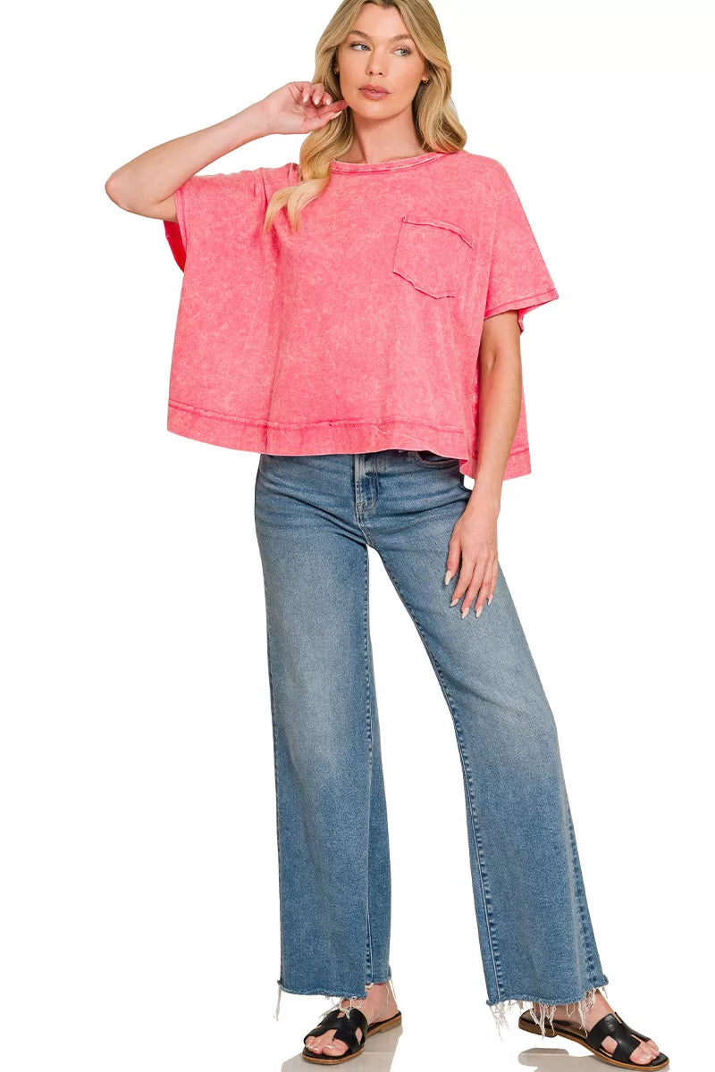 Acid wash oversized short sleeve tee with chest pocket