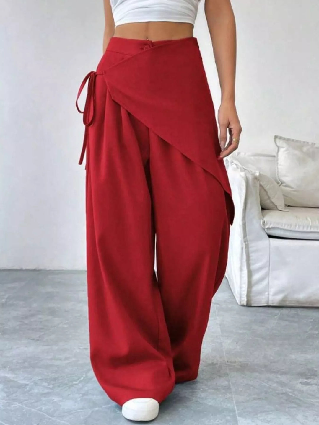 Red High-rise wrap-front wide-leg pants with drawstring tie