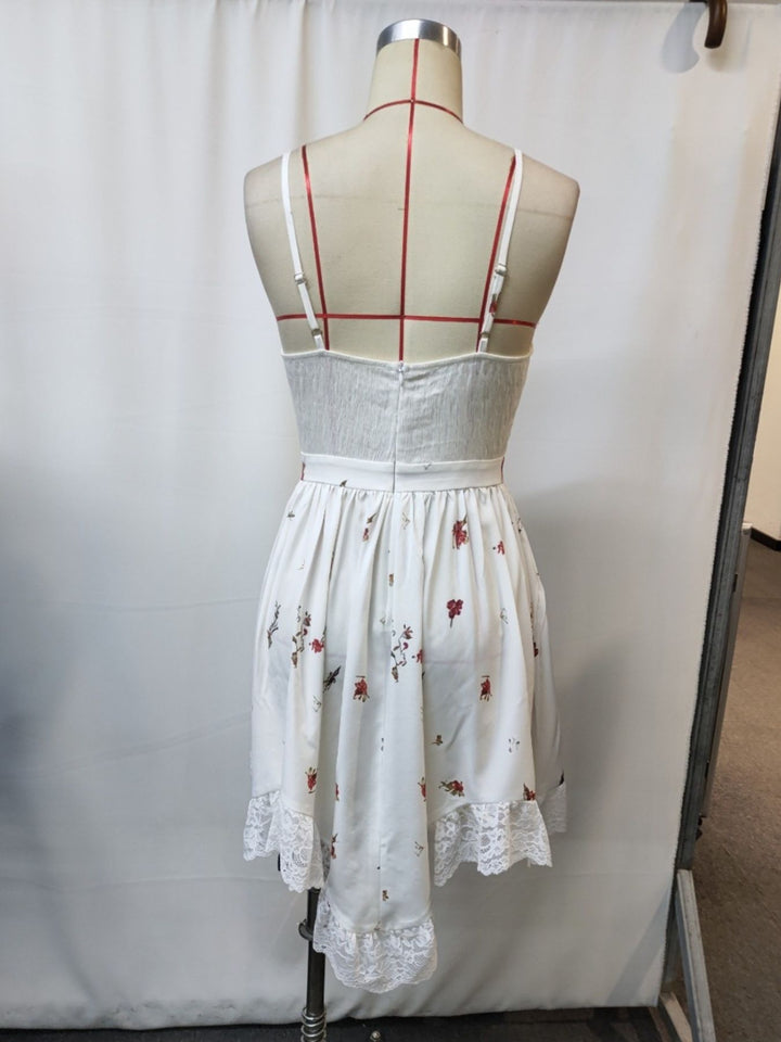 Floral cami dress with lace trim and asymmetrical hem