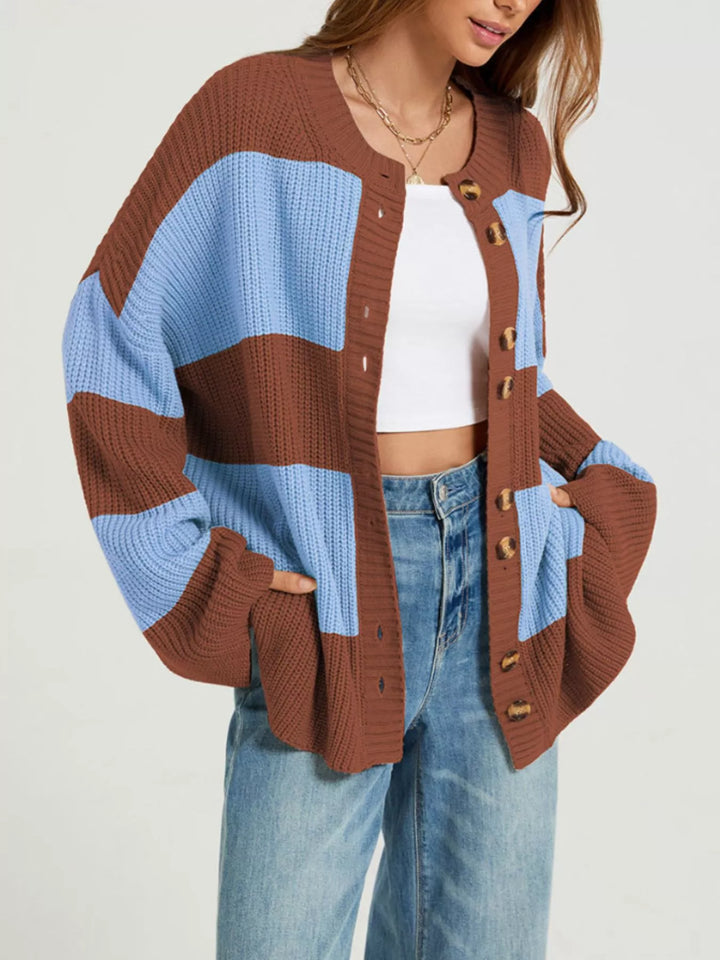 Color block ribbed knit button-up cardigan