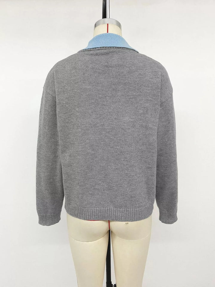 Contrast collar dropped shoulder V-neck sweater