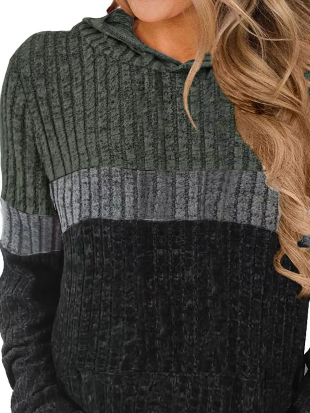 Color block ribbed knit hoodie with kangaroo pocket