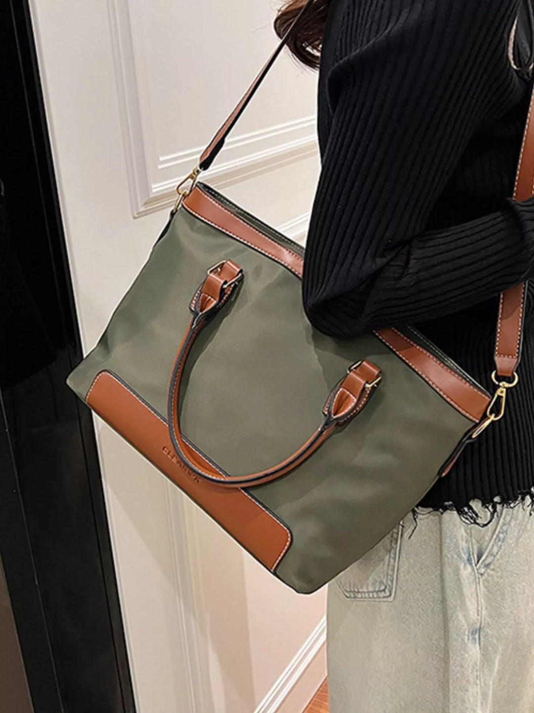 Two-tone PU leather tote bag with detachable crossbody strap