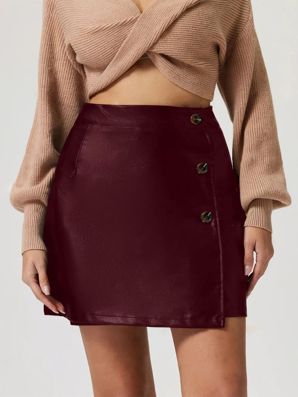 Burgundy Faux leather high-rise mini skirt with button front detail