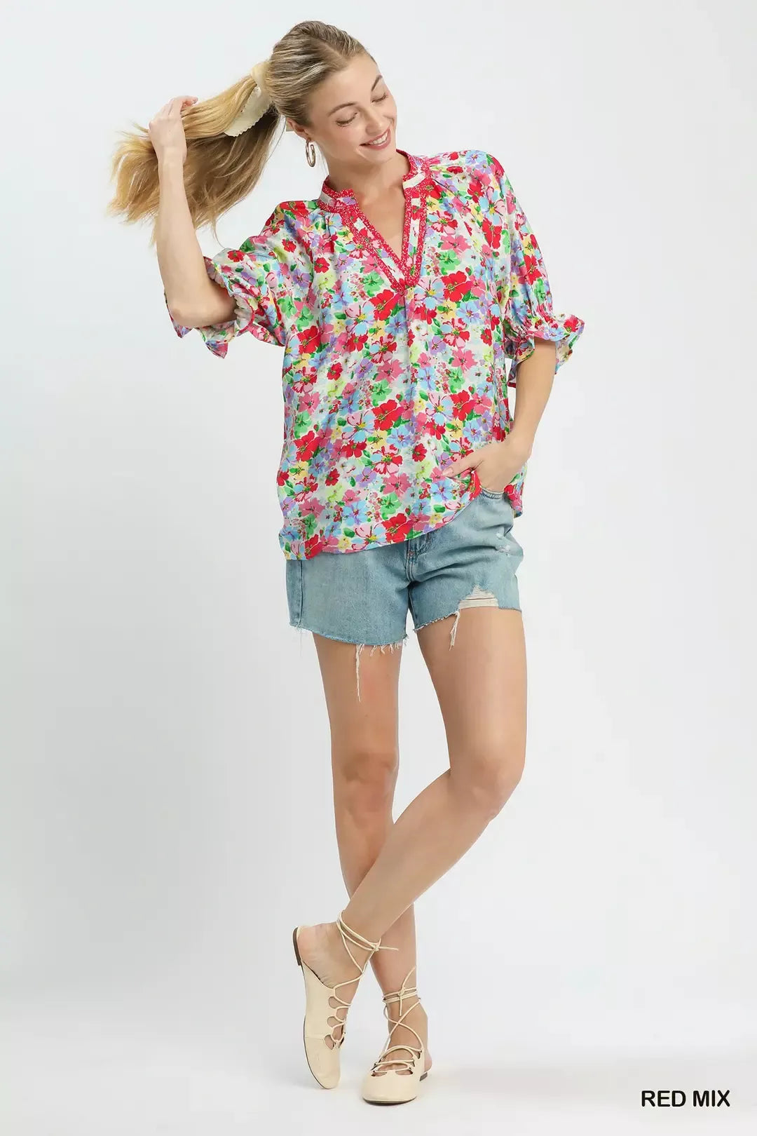 Mixed floral ruffle-sleeve top with split V-neck