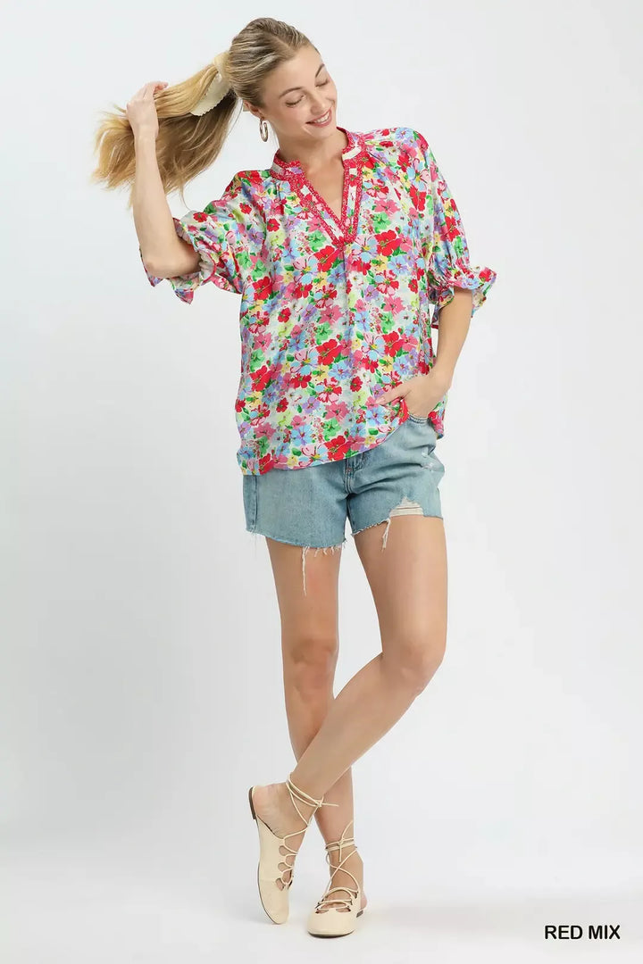 Mixed floral ruffle-sleeve top with split V-neck