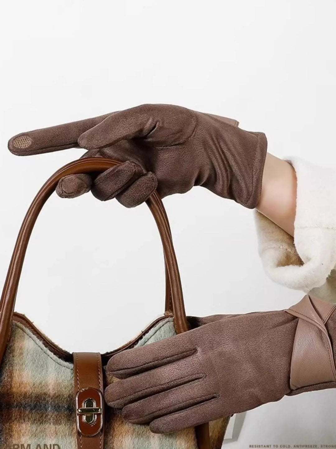 Faux suede touchscreen gloves with crossover strap cuff