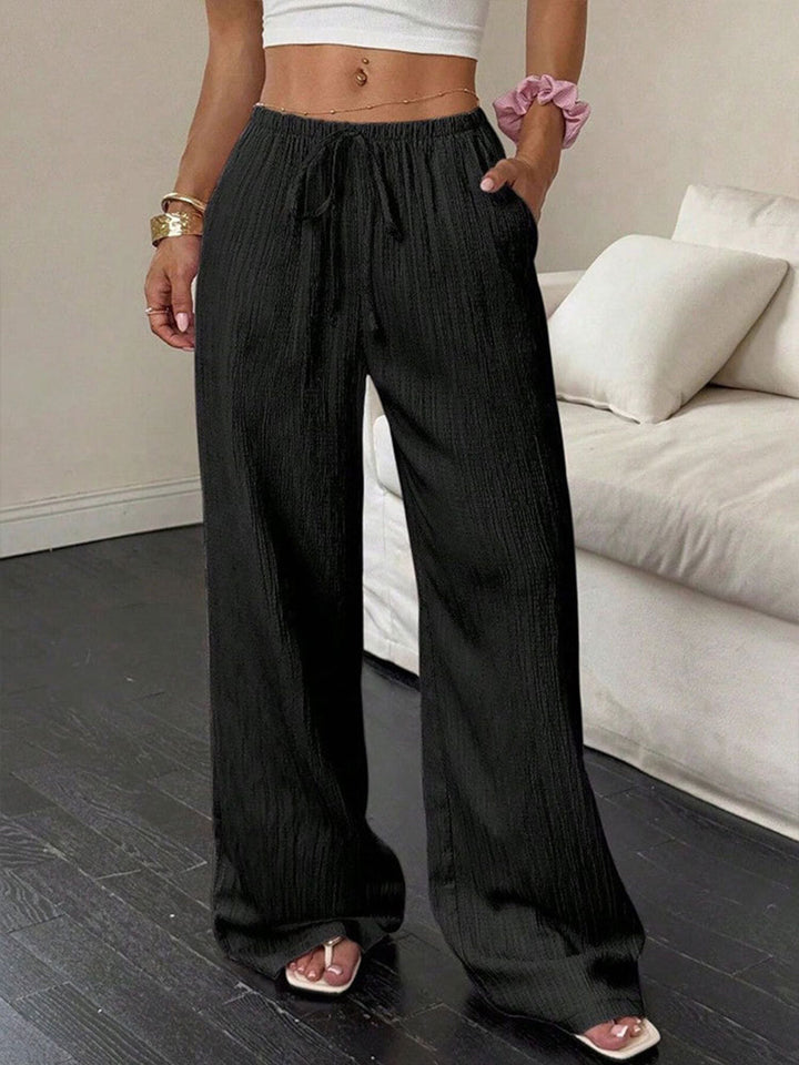 Black Crinkle textured wide leg pants with drawstring waist