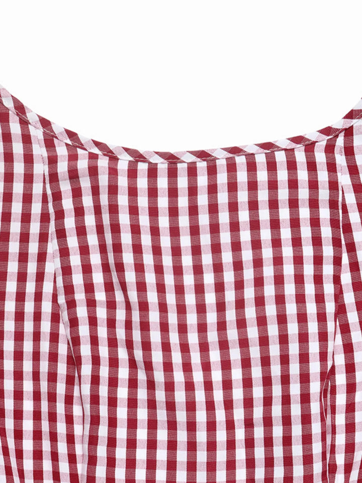 Backless gingham mini dress with bow tie and puff sleeves