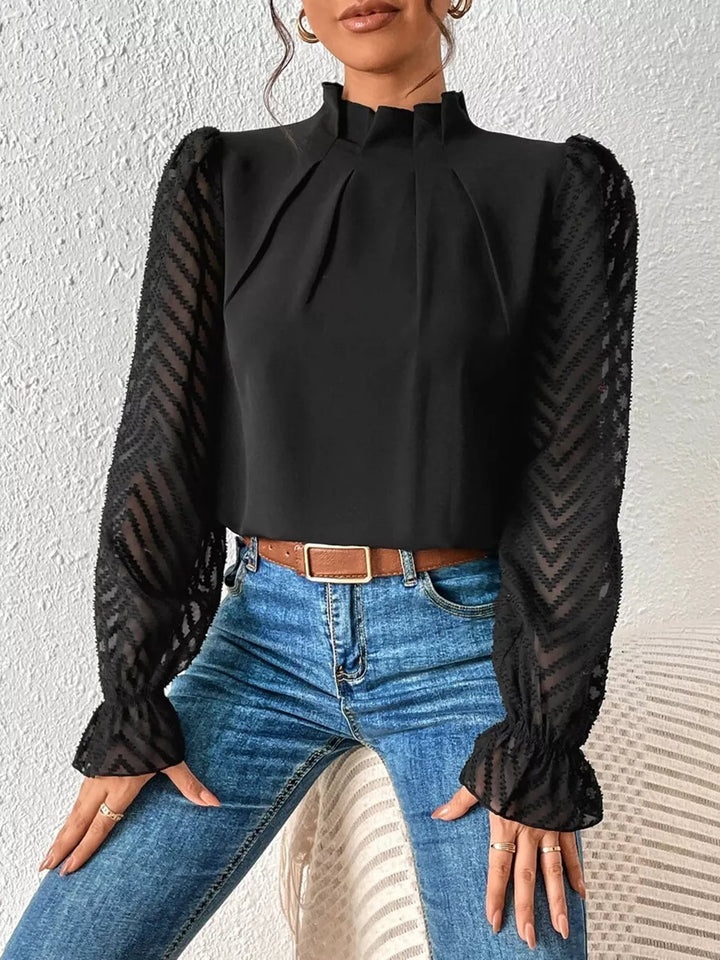 Mock neck blouse with sheer textured flounce sleeves