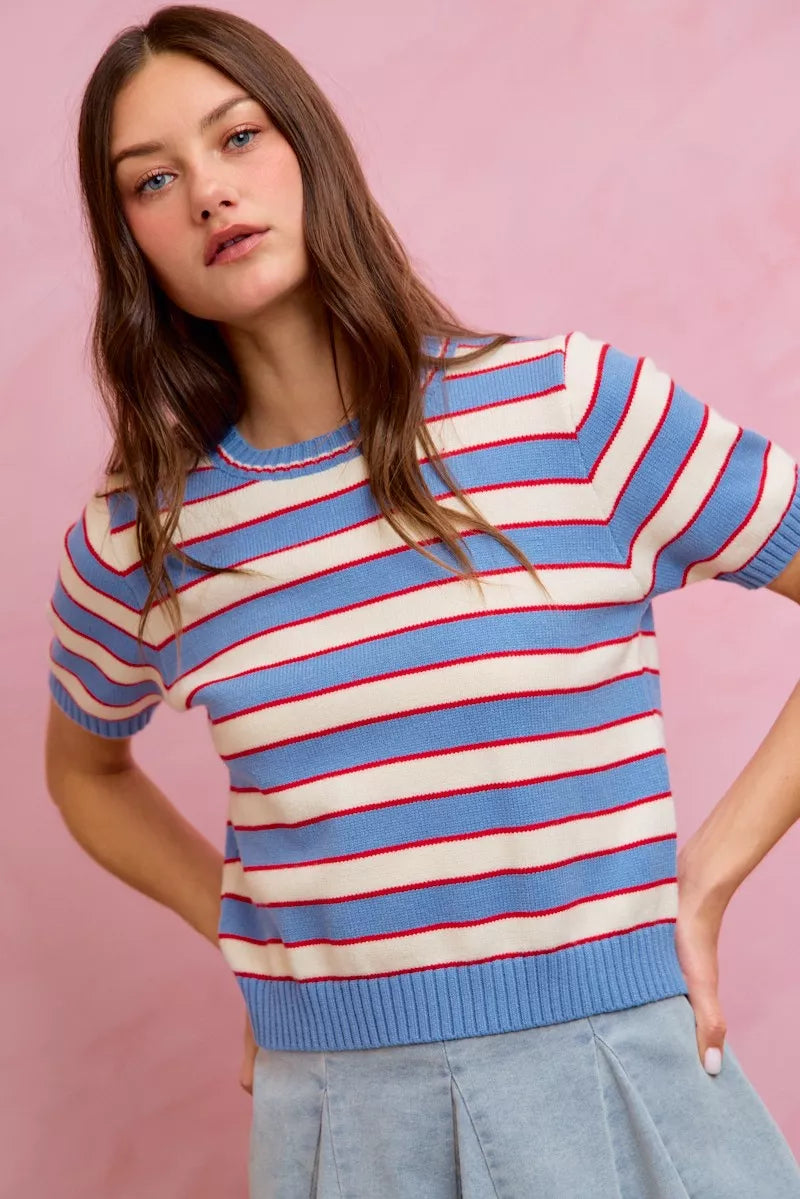 Striped ribbed knit short sleeve crew neck sweater top