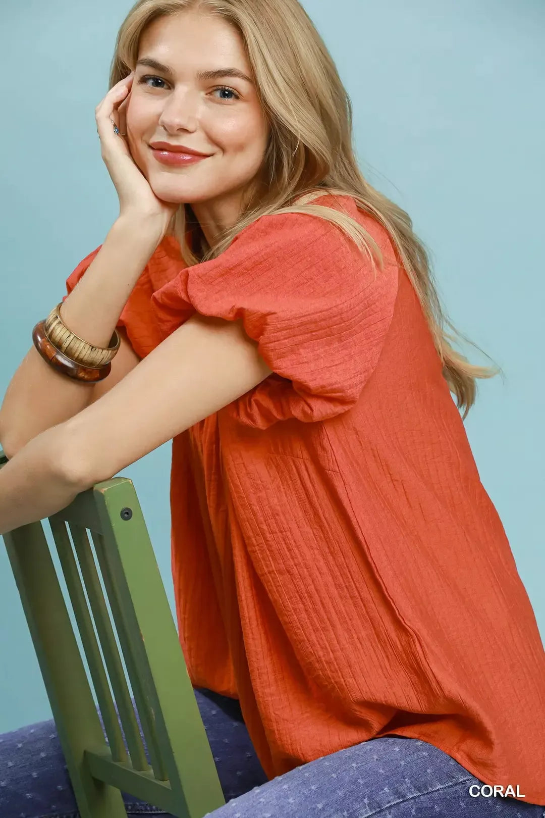 Relaxed gathered V-neck top with flutter sleeves