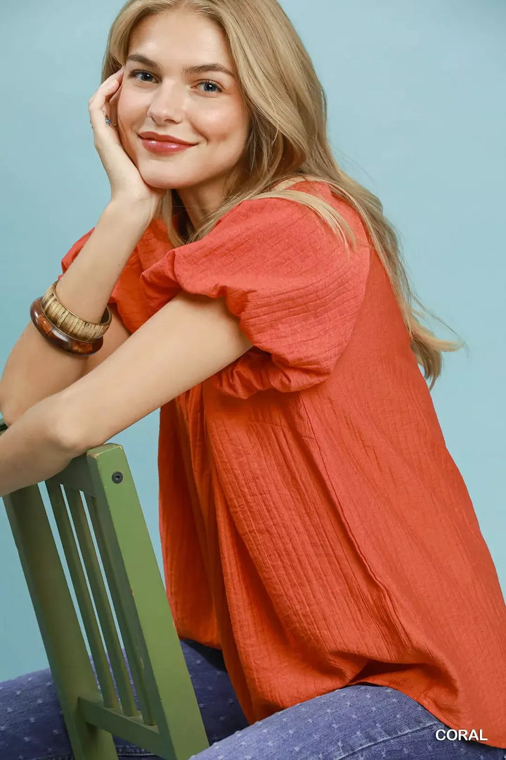 Relaxed gathered V-neck top with flutter sleeves