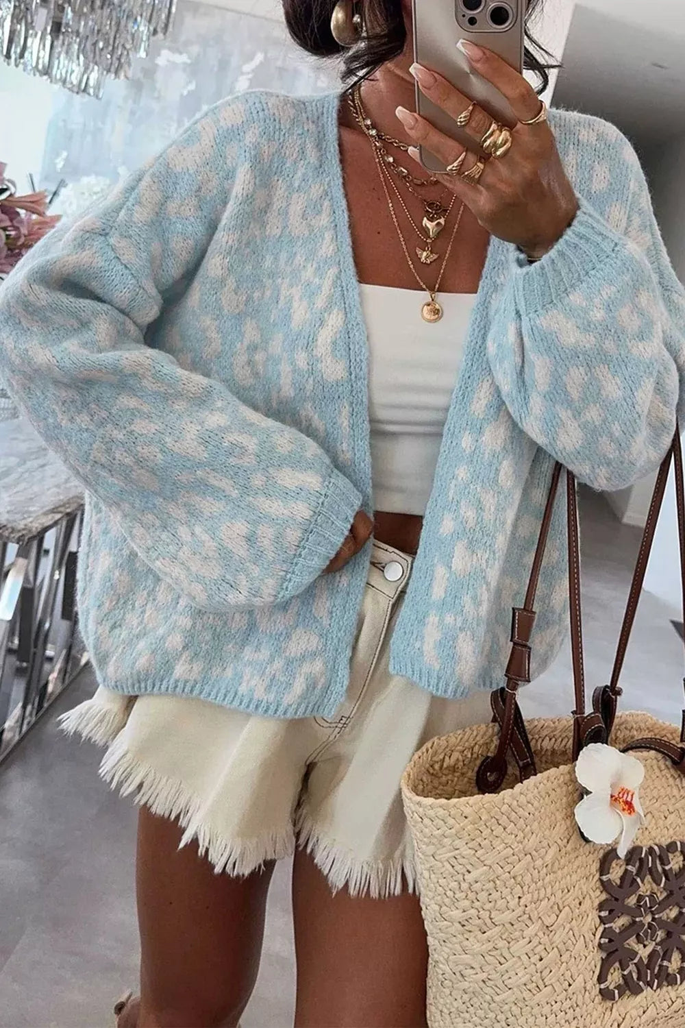 Leopard print open-front oversized knit cardigan