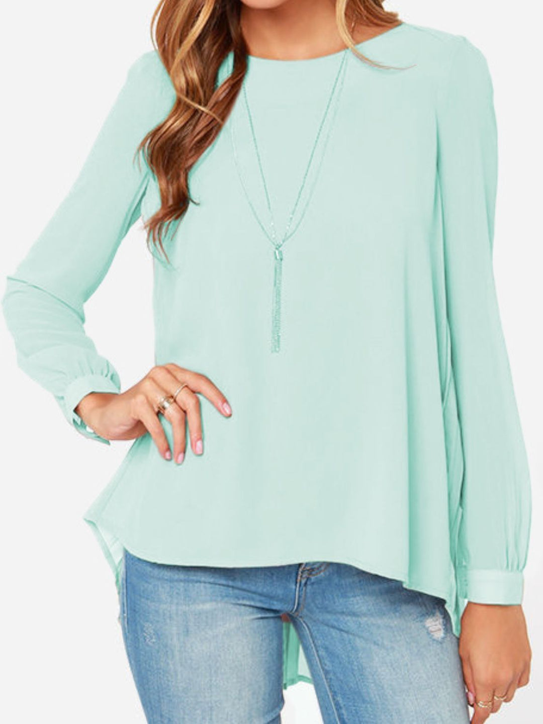 Back-pleated long sleeve blouse with buttoned cuffs