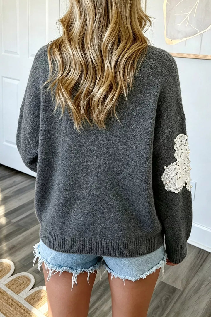 Pearl beaded floral drop shoulder knit sweater