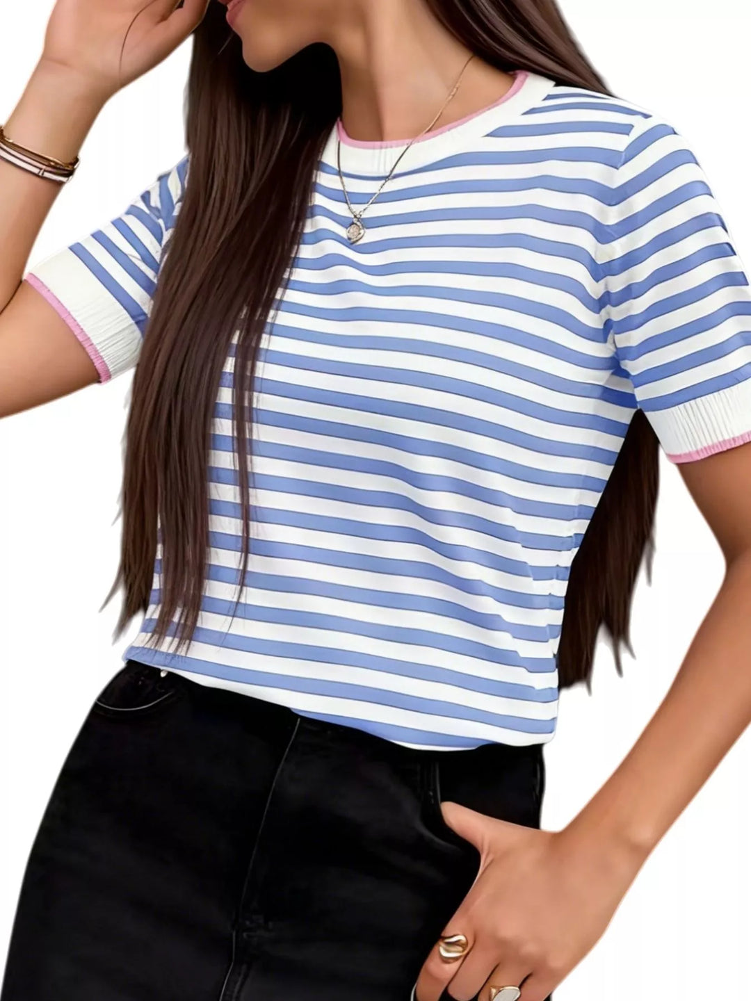 Stripe Striped short sleeve knit top with contrast ribbed trim