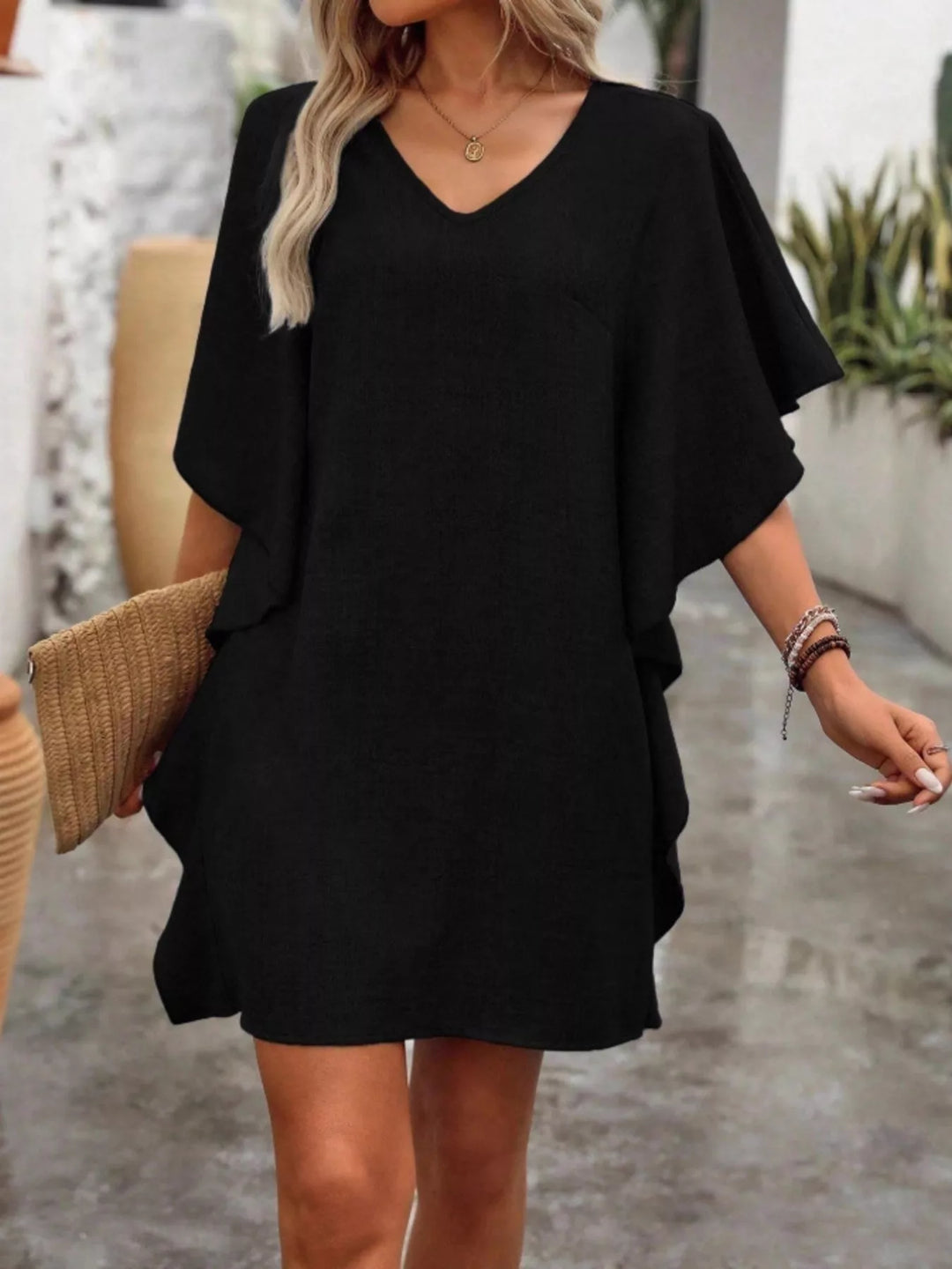 Flutter sleeve V-neck mini dress in textured weave