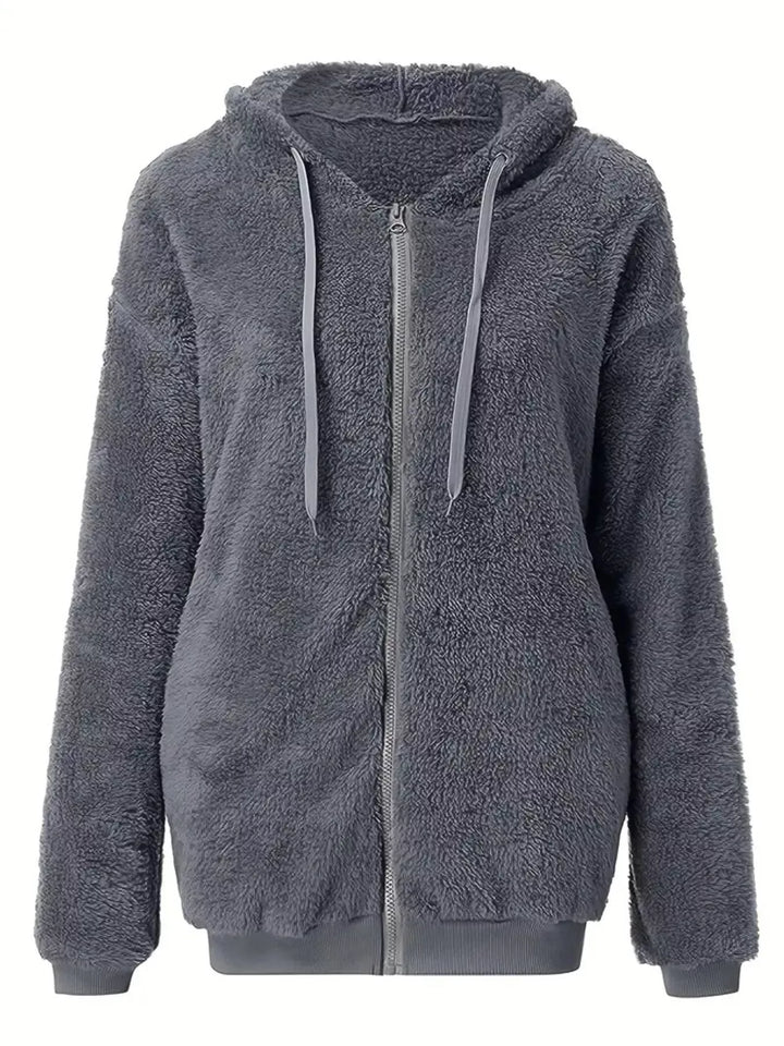 Fuzzy fleece zip-up hoodie jacket with drawstring