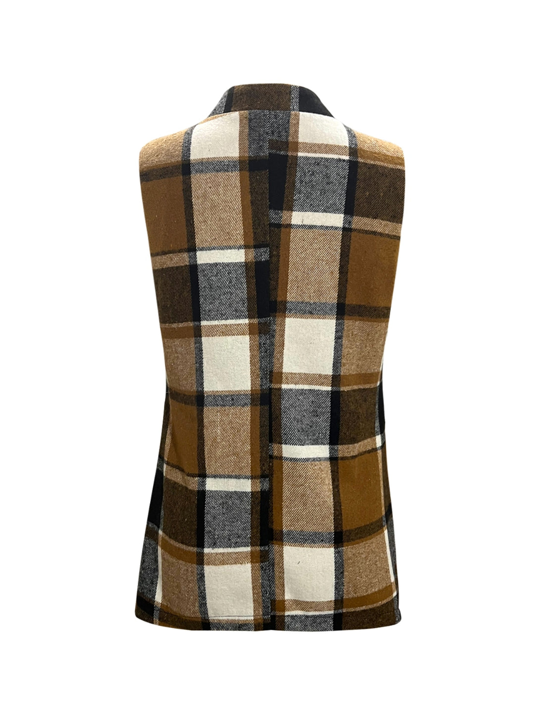 Plaid open front longline vest with collared neck